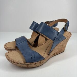 Born Cherry Women's 11M Blue Leather Cork Wedge Casual Comfort Dressy Sandals‎